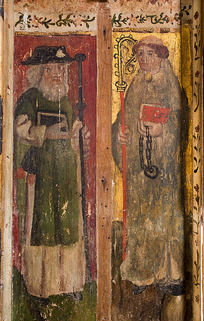 The rood screens and detail at St Andrew's Church, Westhall, Suffolk,UK. The screens are notable for their depiction of the Transfiguration of Christ, the only such surviving depiction in England.