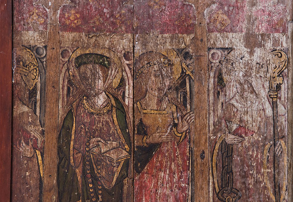 The rood screens and detail at St Andrew's Church, Westhall, Suffolk,UK. The screens are notable for their depiction of the Transfiguration of Christ, the only such surviving depiction in England.