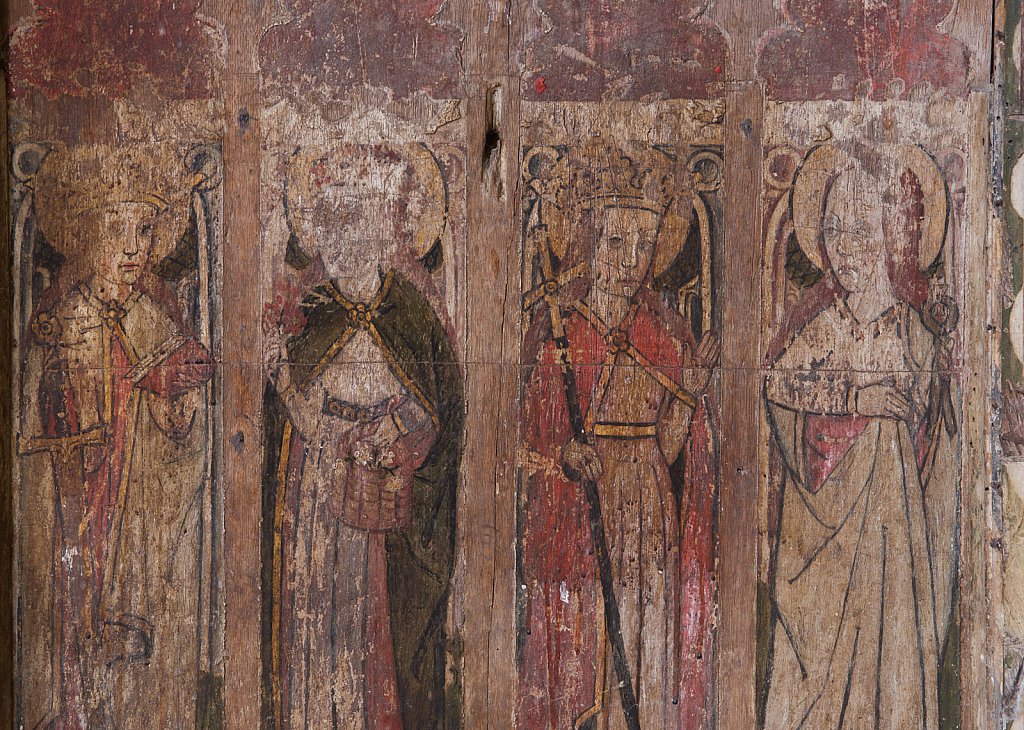 The rood screens and detail at St Andrew's Church, Westhall, Suffolk,UK. The screens are notable for their depiction of the Transfiguration of Christ, the only such surviving depiction in England.