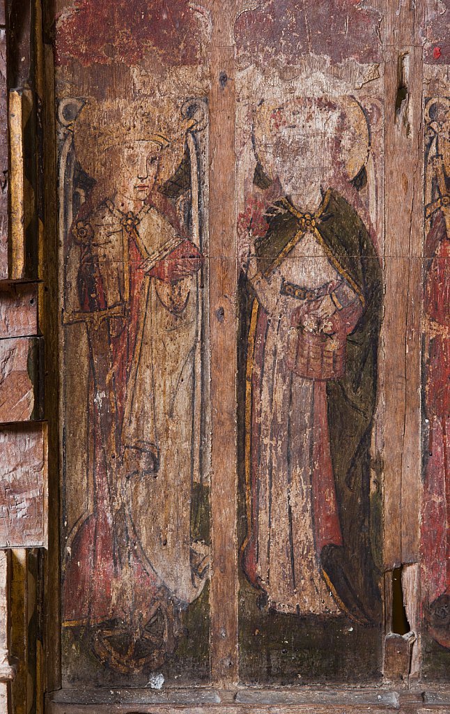 The rood screens and detail at St Andrew's Church, Westhall, Suffolk,UK. The screens are notable for their depiction of the Transfiguration of Christ, the only such surviving depiction in England.