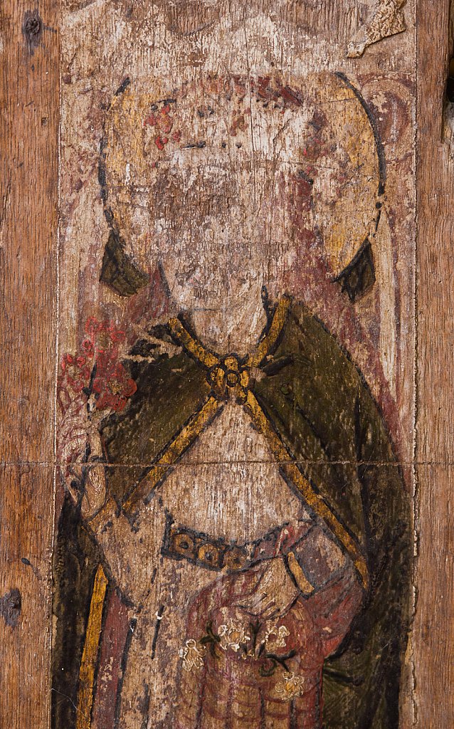 The rood screens and detail at St Andrew's Church, Westhall, Suffolk,UK. The screens are notable for their depiction of the Transfiguration of Christ, the only such surviving depiction in England.