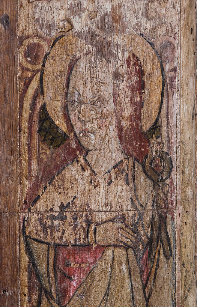 The rood screens and detail at St Andrew's Church, Westhall, Suffolk,UK. The screens are notable for their depiction of the Transfiguration of Christ, the only such surviving depiction in England.