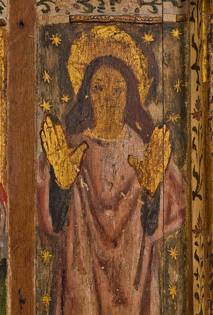 The rood screens and detail at St Andrew's Church, Westhall, Suffolk,UK. The screens are notable for their depiction of the Transfiguration of Christ, the only such surviving depiction in England.