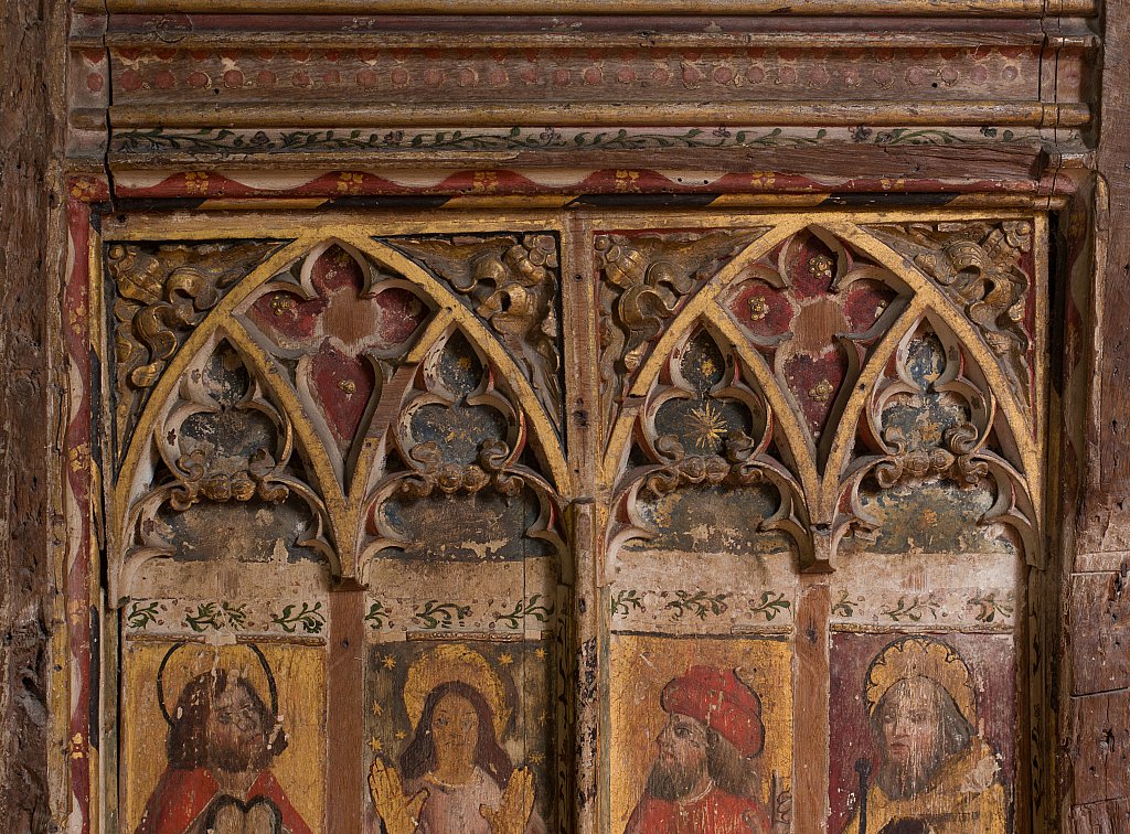 The rood screens and detail at St Andrew's Church, Westhall, Suffolk,UK. The screens are notable for their depiction of the Transfiguration of Christ, the only such surviving depiction in England.