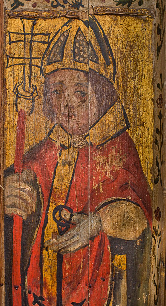 The rood screens and detail at St Andrew's Church, Westhall, Suffolk,UK. The screens are notable for their depiction of the Transfiguration of Christ, the only such surviving depiction in England.