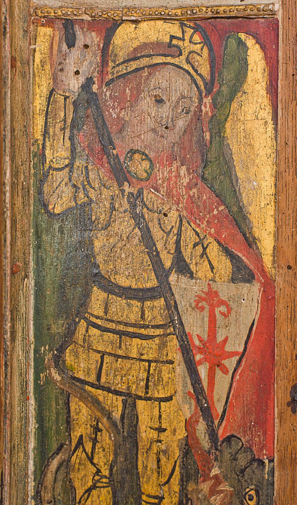 The rood screens and detail at St Andrew's Church, Westhall, Suffolk,UK. The screens are notable for their depiction of the Transfiguration of Christ, the only such surviving depiction in England.