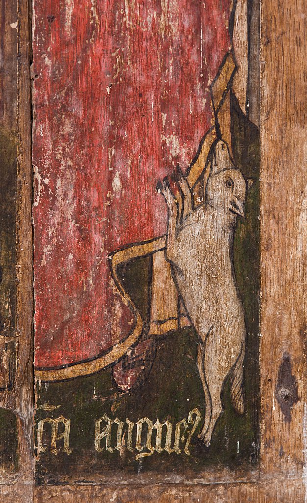 The rood screens and detail at St Andrew's Church, Westhall, Suffolk,UK. The screens are notable for their depiction of the Transfiguration of Christ, the only such surviving depiction in England.