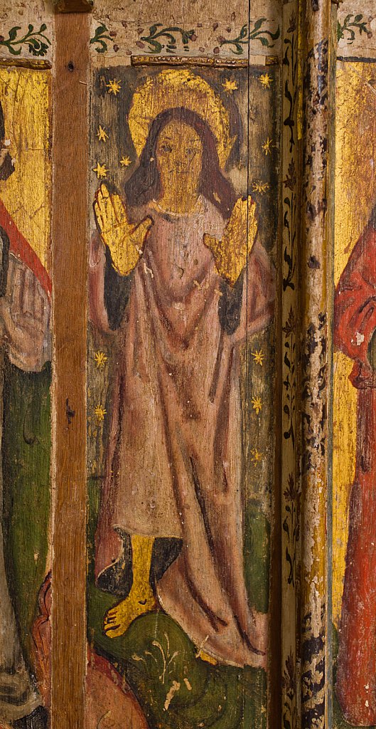 The rood screens and detail at St Andrew's Church, Westhall, Suffolk,UK. The screens are notable for their depiction of the Transfiguration of Christ, the only such surviving depiction in England.