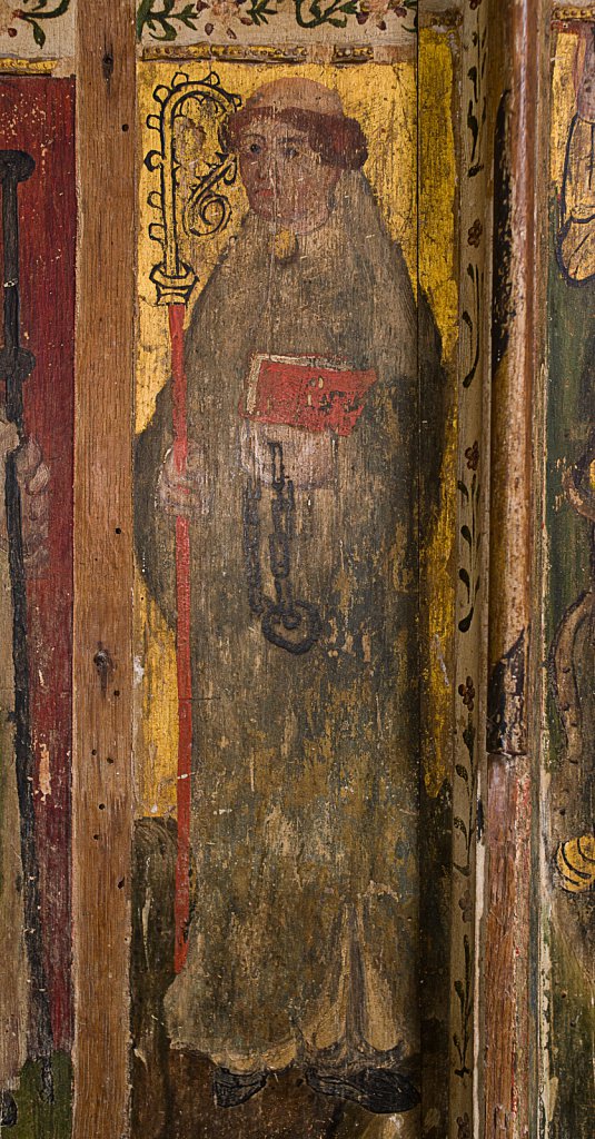 The rood screens and detail at St Andrew's Church, Westhall, Suffolk,UK. The screens are notable for their depiction of the Transfiguration of Christ, the only such surviving depiction in England.