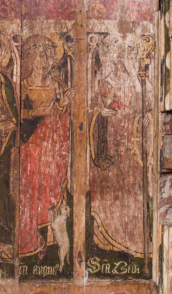 The rood screens and detail at St Andrew's Church, Westhall, Suffolk,UK. The screens are notable for their depiction of the Transfiguration of Christ, the only such surviving depiction in England.