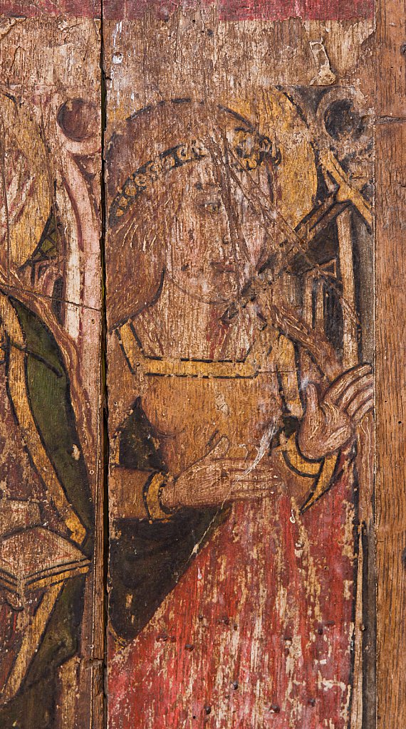 The rood screens and detail at St Andrew's Church, Westhall, Suffolk,UK. The screens are notable for their depiction of the Transfiguration of Christ, the only such surviving depiction in England.