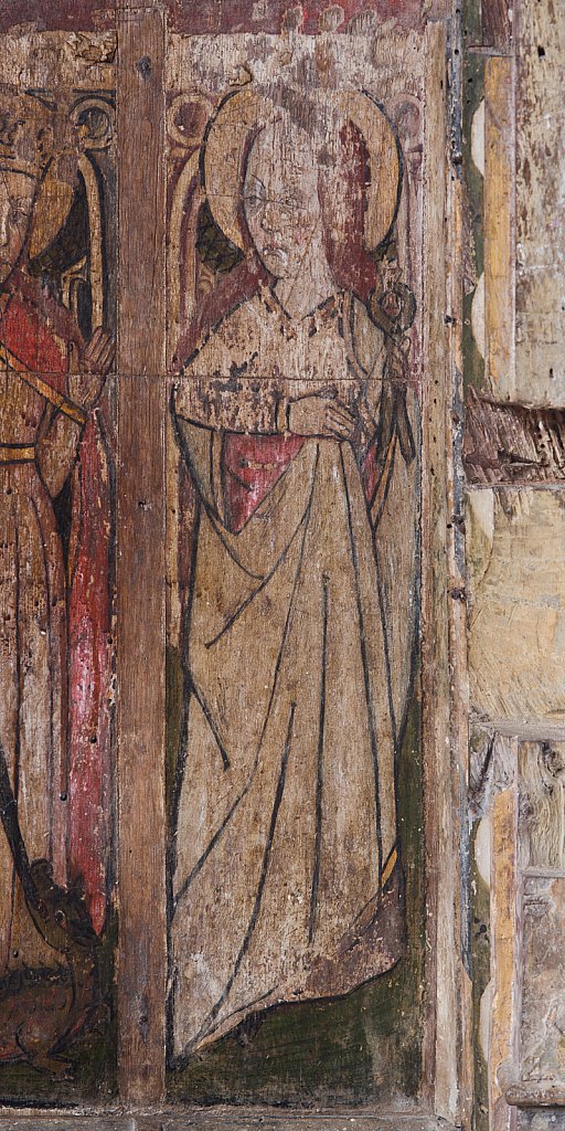 The rood screens and detail at St Andrew's Church, Westhall, Suffolk,UK. The screens are notable for their depiction of the Transfiguration of Christ, the only such surviving depiction in England.