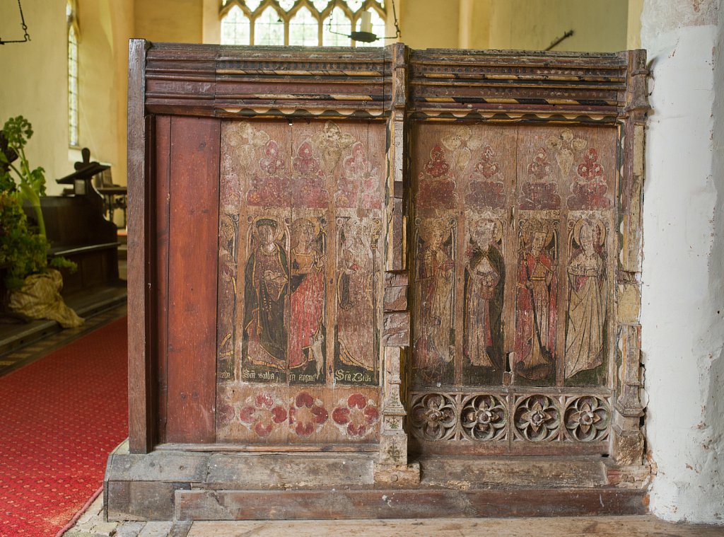 The rood screens and detail at St Andrew's Church, Westhall, Suffolk,UK. The screens are notable for their depiction of the Transfiguration of Christ, the only such surviving depiction in England.