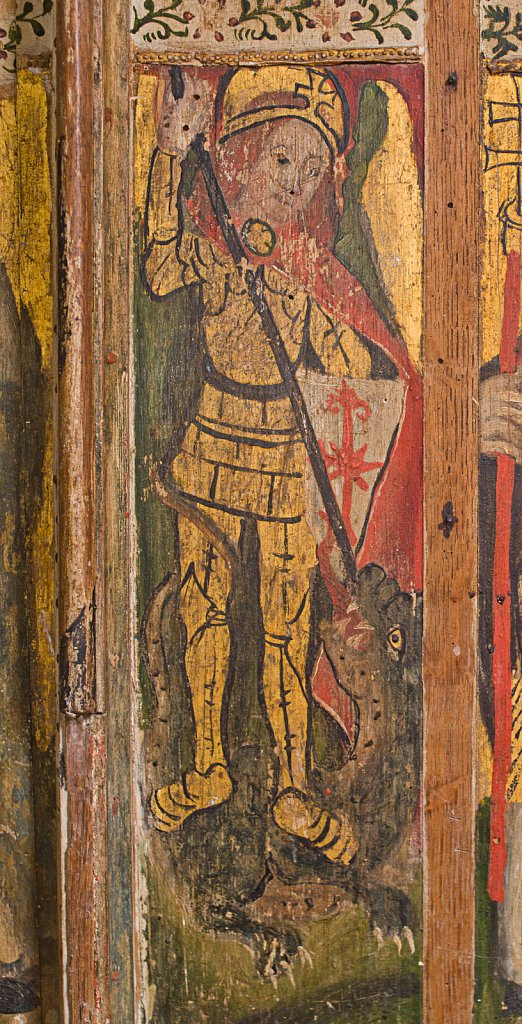 The rood screens and detail at St Andrew's Church, Westhall, Suffolk,UK. The screens are notable for their depiction of the Transfiguration of Christ, the only such surviving depiction in England.