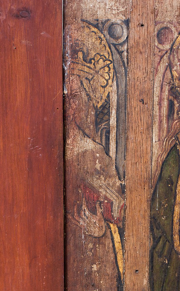 The rood screens and detail at St Andrew's Church, Westhall, Suffolk,UK. The screens are notable for their depiction of the Transfiguration of Christ, the only such surviving depiction in England.