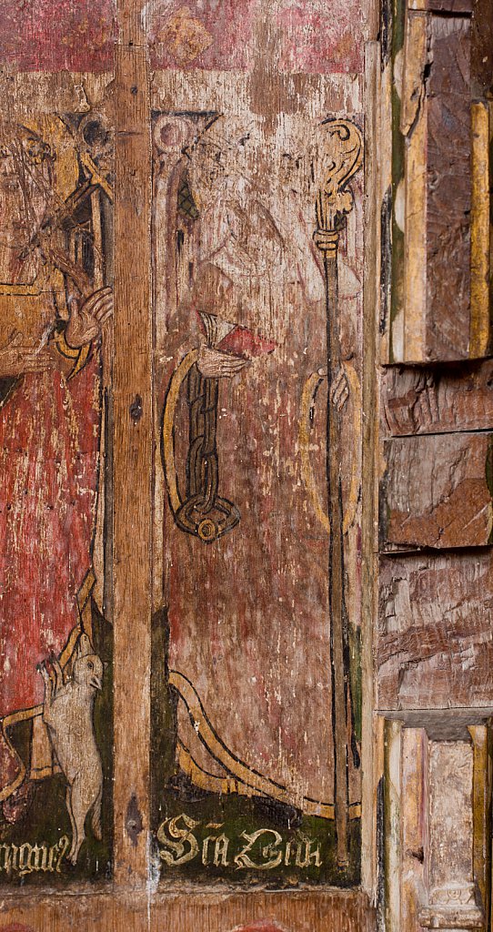 The rood screens and detail at St Andrew's Church, Westhall, Suffolk,UK. The screens are notable for their depiction of the Transfiguration of Christ, the only such surviving depiction in England.