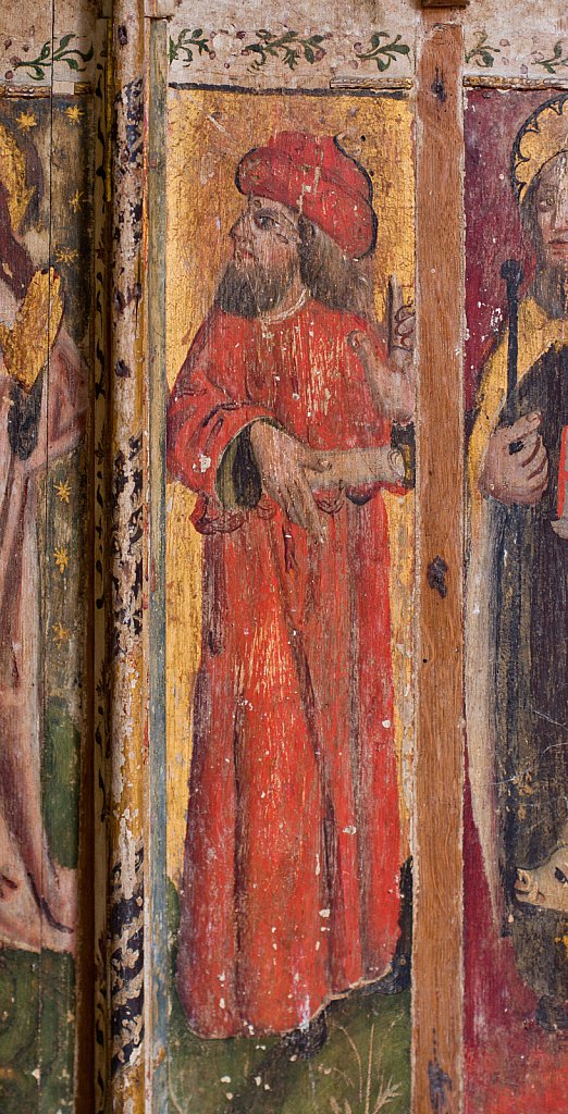 The rood screens and detail at St Andrew's Church, Westhall, Suffolk,UK. The screens are notable for their depiction of the Transfiguration of Christ, the only such surviving depiction in England.