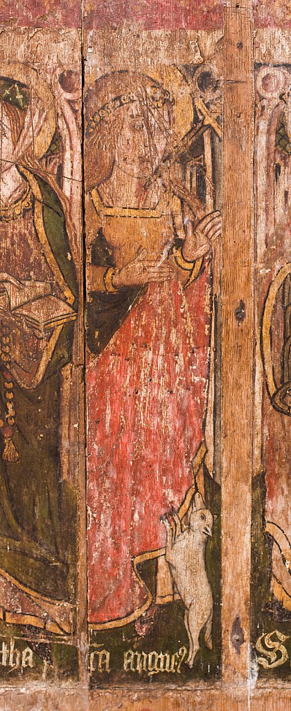 The rood screens and detail at St Andrew's Church, Westhall, Suffolk,UK. The screens are notable for their depiction of the Transfiguration of Christ, the only such surviving depiction in England.