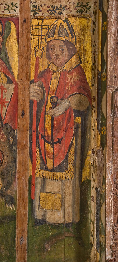 The rood screens and detail at St Andrew's Church, Westhall, Suffolk,UK. The screens are notable for their depiction of the Transfiguration of Christ, the only such surviving depiction in England.