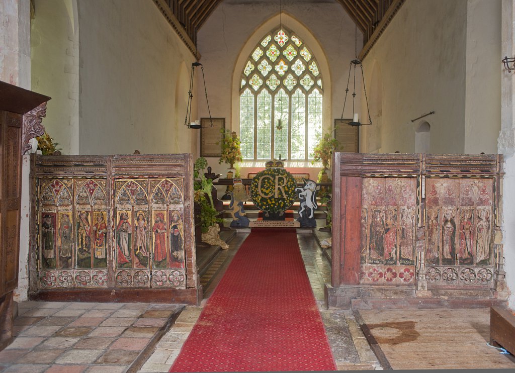 The rood screens and detail at St Andrew's Church, Westhall, Suffolk,UK. The screens are notable for their depiction of the Transfiguration of Christ, the only such surviving depiction in England.