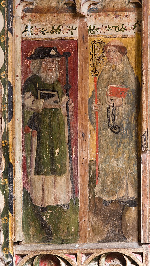 The rood screens and detail at St Andrew's Church, Westhall, Suffolk,UK. The screens are notable for their depiction of the Transfiguration of Christ, the only such surviving depiction in England.