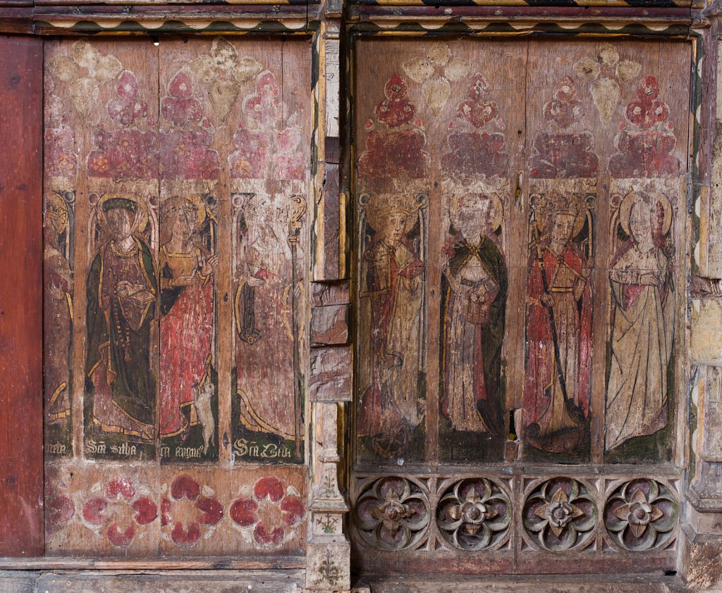 The rood screens and detail at St Andrew's Church, Westhall, Suffolk,UK. The screens are notable for their depiction of the Transfiguration of Christ, the only such surviving depiction in England.