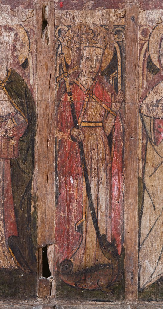 The rood screens and detail at St Andrew's Church, Westhall, Suffolk,UK. The screens are notable for their depiction of the Transfiguration of Christ, the only such surviving depiction in England.