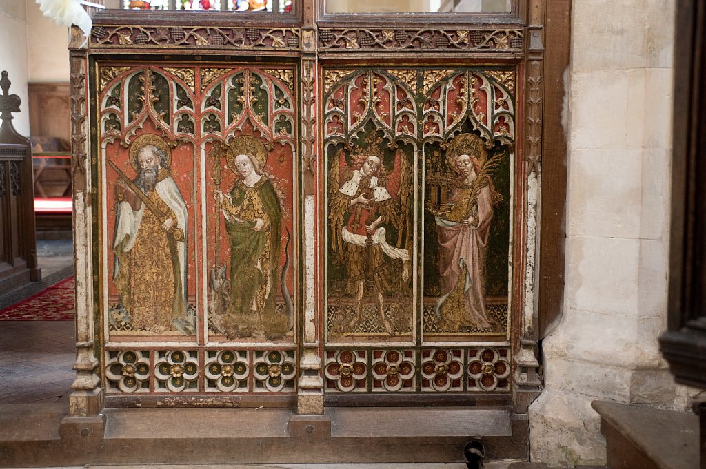  
The rood screen and detail at All Saints church, Filby, Norfolk, UK