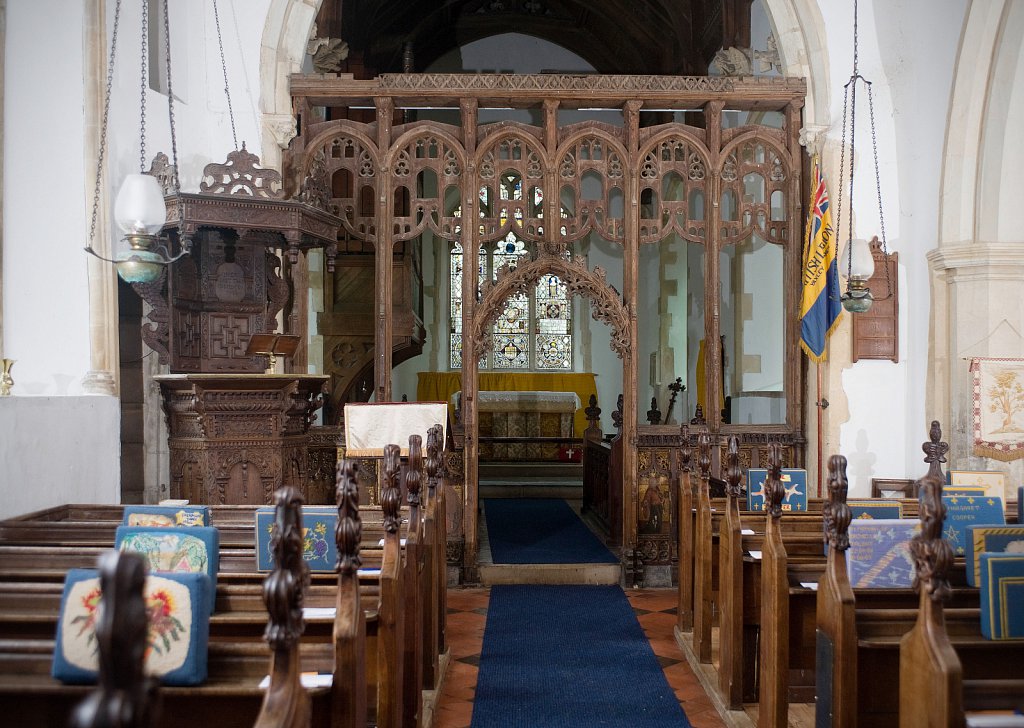 The Rood screen and detail at St Mary the Virgin, Yaxley, Suffolk,UK.