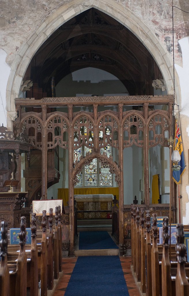 The Rood screen and detail at St Mary the Virgin, Yaxley, Suffolk,UK.