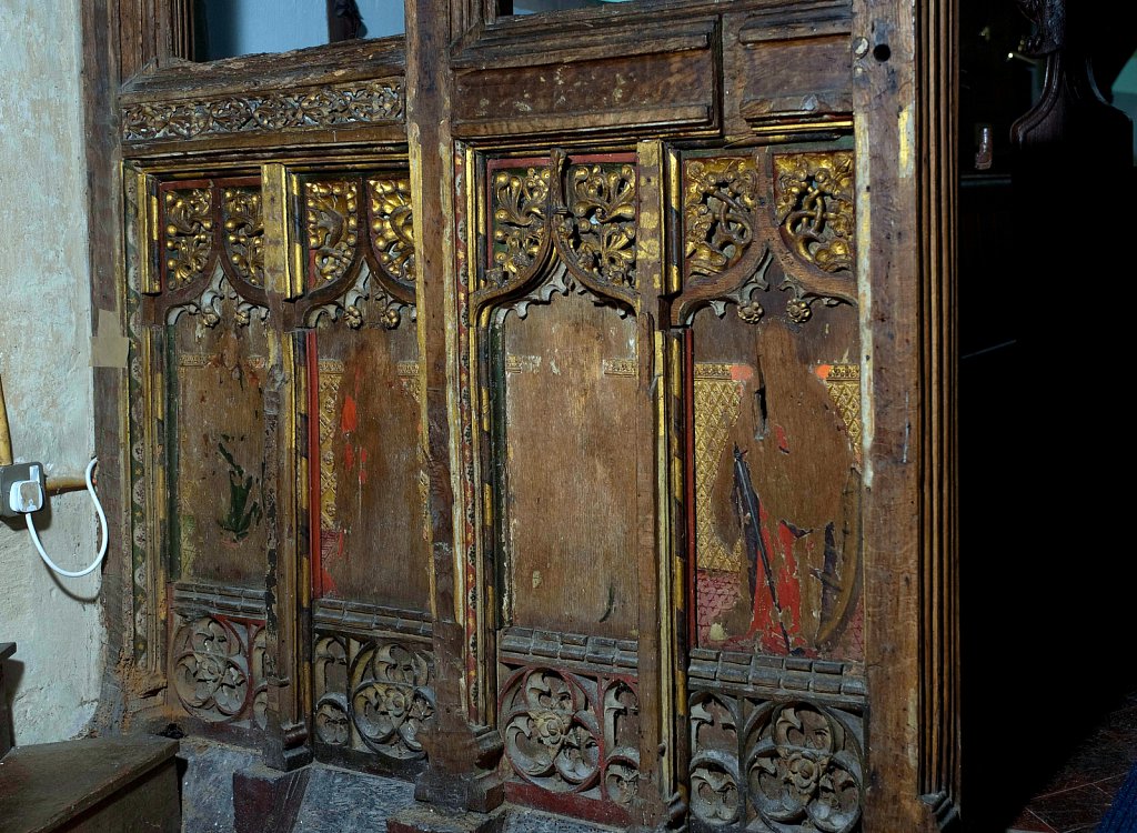 The Rood screen and detail at St Mary the Virgin, Yaxley, Suffolk,UK.