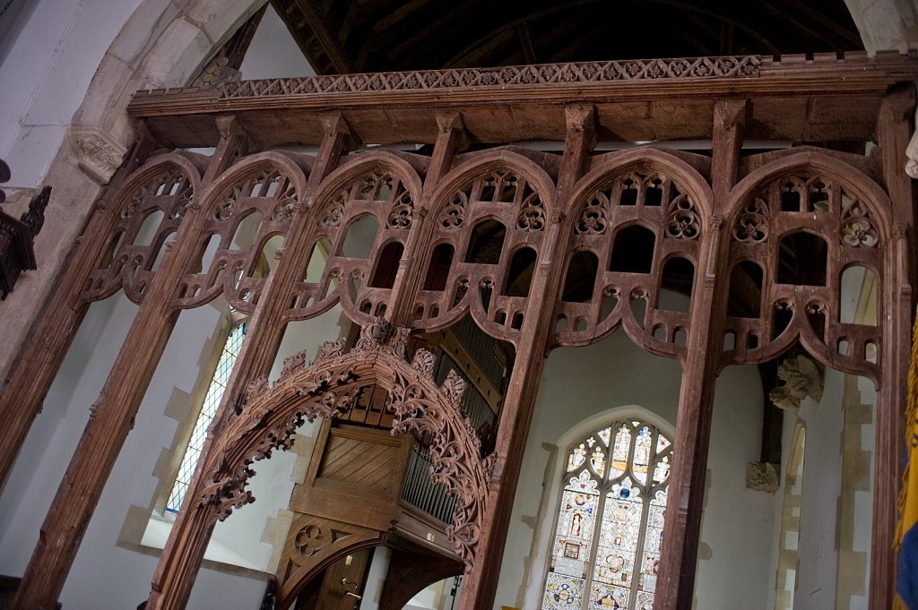 The Rood screen and detail at St Mary the Virgin, Yaxley, Suffolk,UK.